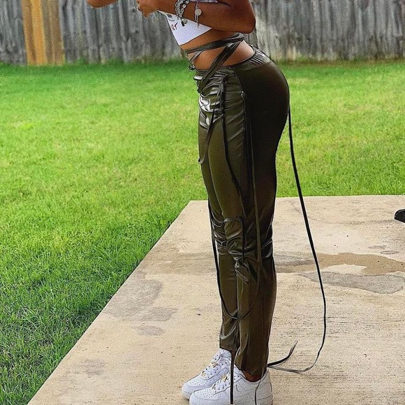 Olive green lace up pants - Picture 4 of 4